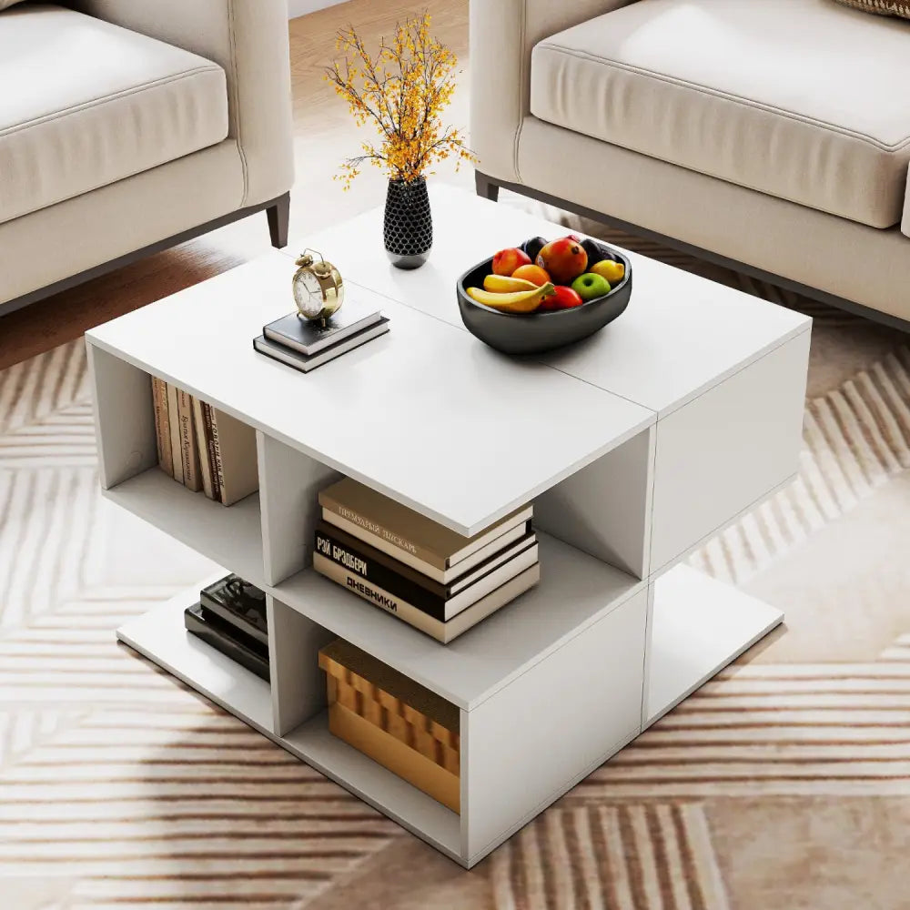 3-Tier Modern S-shaped End Table with 4 Storage Cubes-White - White - End & Side Tables