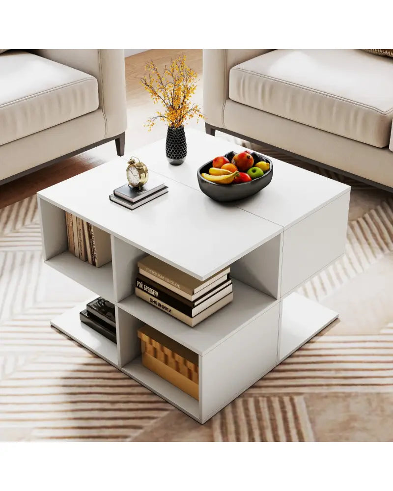 3-Tier Modern S-shaped End Table with 4 Storage Cubes-White - White - End & Side Tables