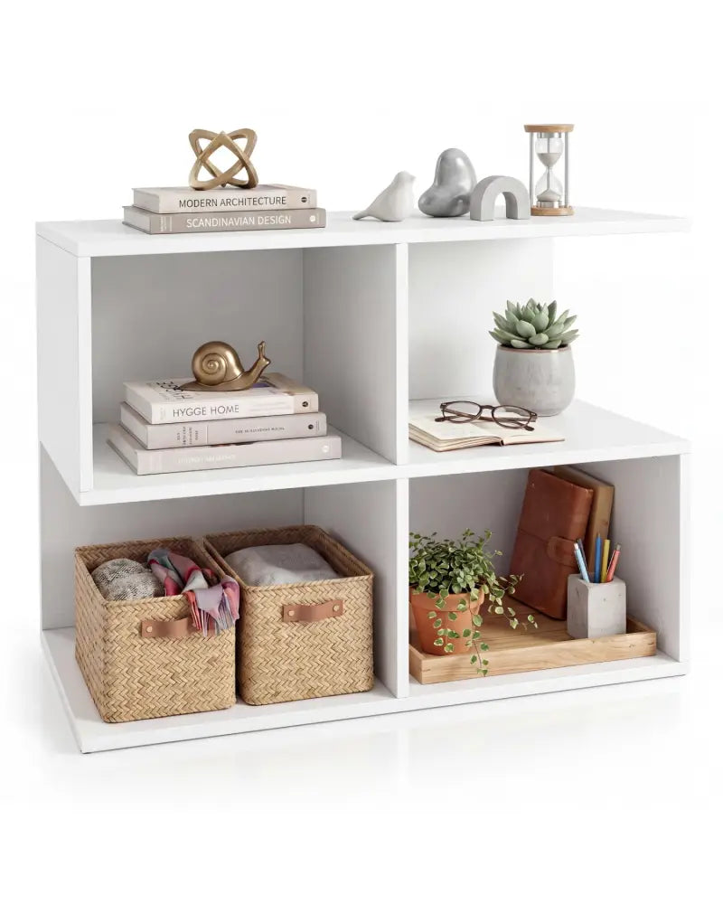 3-Tier Modern S-shaped End Table with 4 Storage Cubes-White - White - End & Side Tables