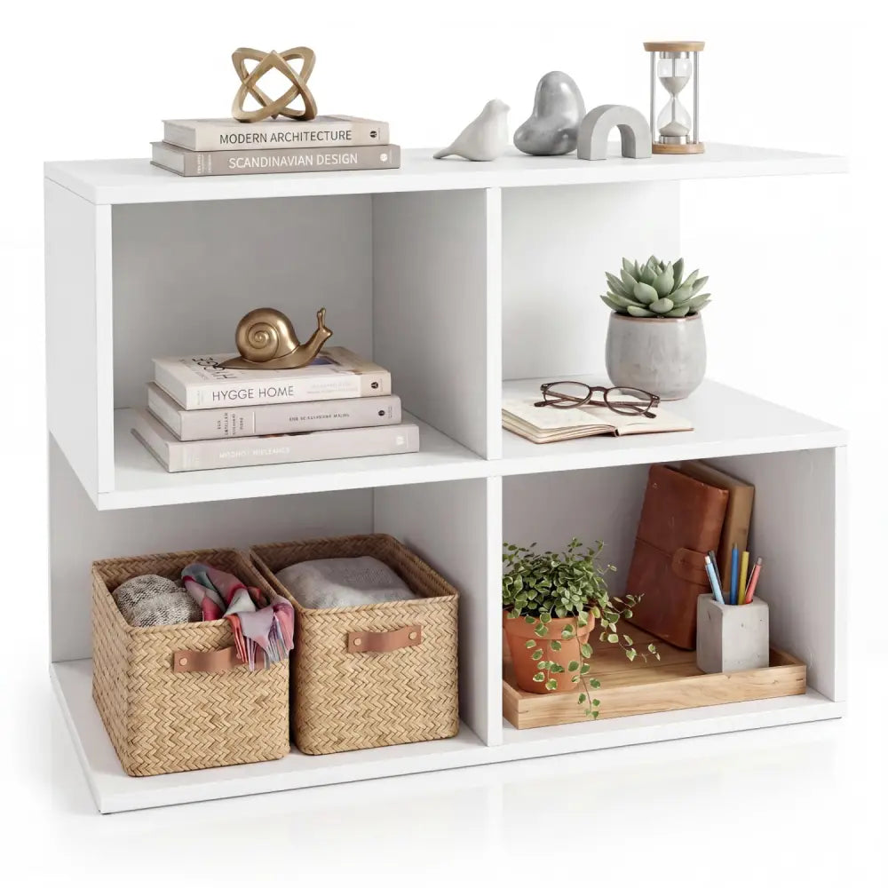 3-Tier Modern S-shaped End Table with 4 Storage Cubes-White - White - End & Side Tables