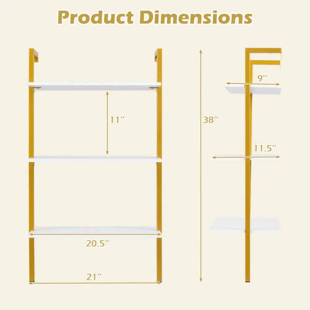 3-Tier Modern Wall Mounted Shelves Wooden Floating Shelving Unit Metal Ladder Bookshelf-White - White - Bookcases