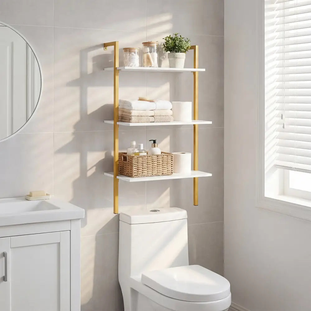 3-Tier Modern Wall Mounted Shelves Wooden Floating Shelving Unit Metal Ladder Bookshelf-White - White - Bookcases