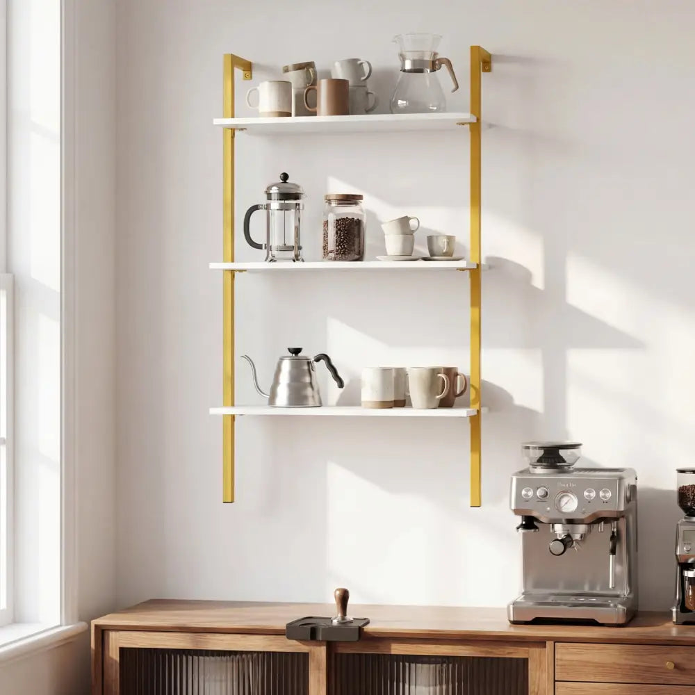 3-Tier Modern Wall Mounted Shelves Wooden Floating Shelving Unit Metal Ladder Bookshelf-White - White - Bookcases