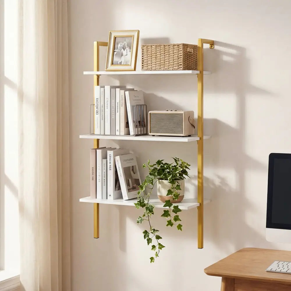 3-Tier Modern Wall Mounted Shelves Wooden Floating Shelving Unit Metal Ladder Bookshelf-White - White - Bookcases