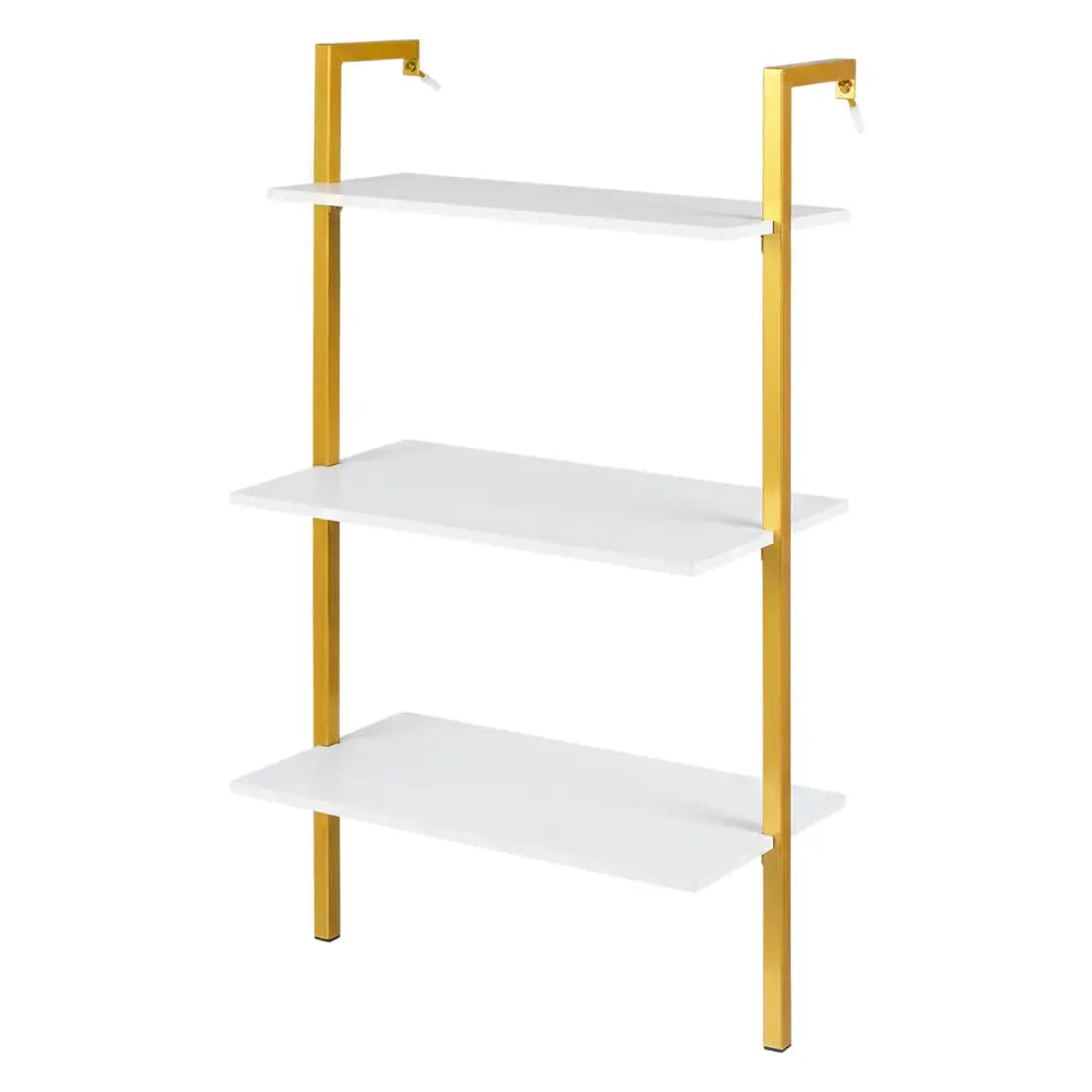 3-Tier Modern Wall Mounted Shelves Wooden Floating Shelving Unit Metal Ladder Bookshelf-White - White - Bookcases