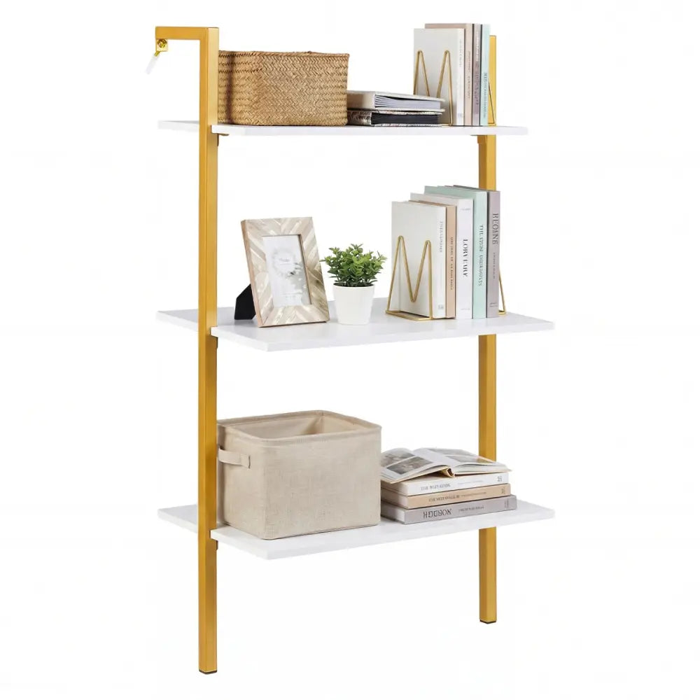 3-Tier Modern Wall Mounted Shelves Wooden Floating Shelving Unit Metal Ladder Bookshelf-White - White - Bookcases