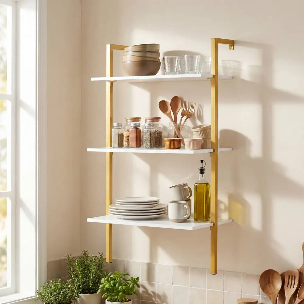 3-Tier Modern Wall Mounted Shelves Wooden Floating Shelving Unit Metal Ladder Bookshelf-White - White - Bookcases