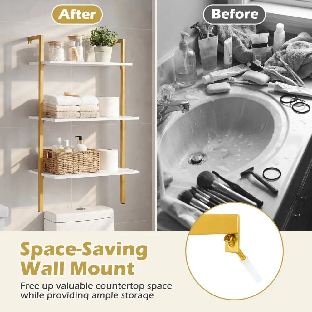 3-Tier Modern Wall Mounted Shelves Wooden Floating Shelving Unit Metal Ladder Bookshelf-White - White - Bookcases