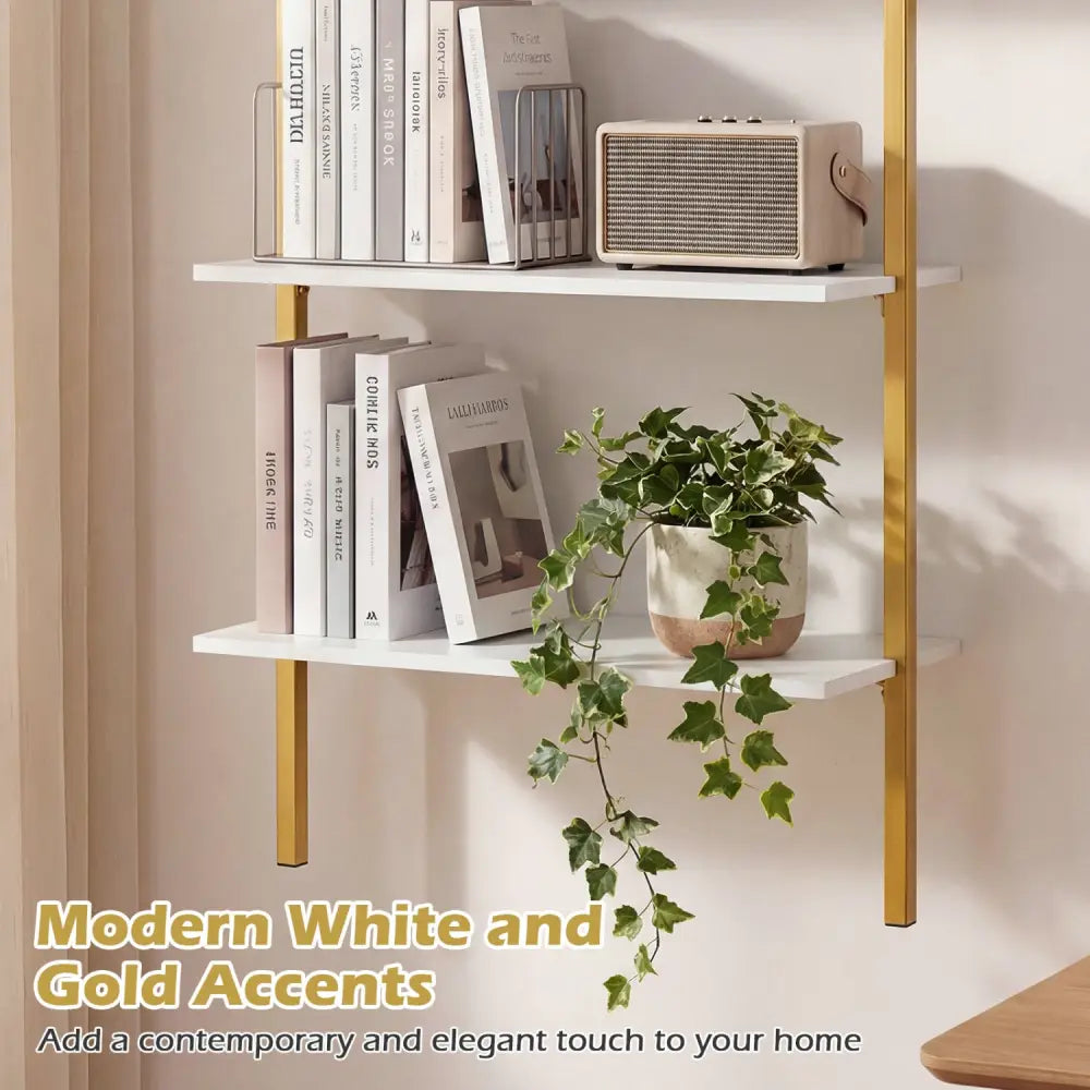 3-Tier Modern Wall Mounted Shelves Wooden Floating Shelving Unit Metal Ladder Bookshelf-White - White - Bookcases