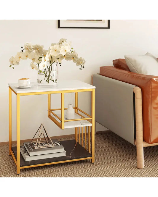 3-Tier Multi-function Marble End Table with Storage Shelf-Golden - Golden - End & Side Tables