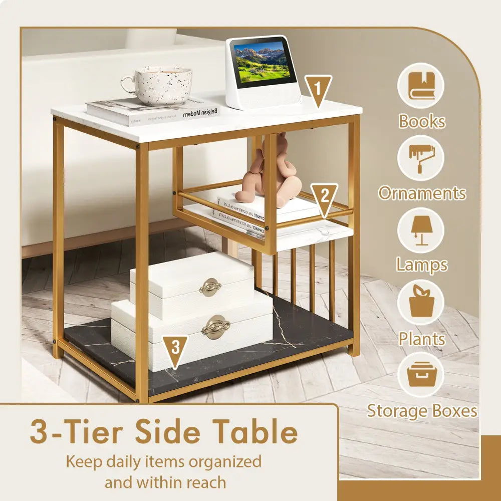 3-Tier Multi-function Marble End Table with Storage Shelf-Golden - Golden - End & Side Tables