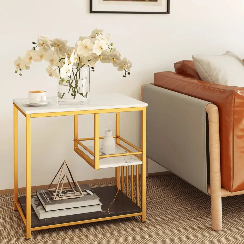 3-Tier Multi-function Marble End Table with Storage Shelf-Golden - Golden - End & Side Tables