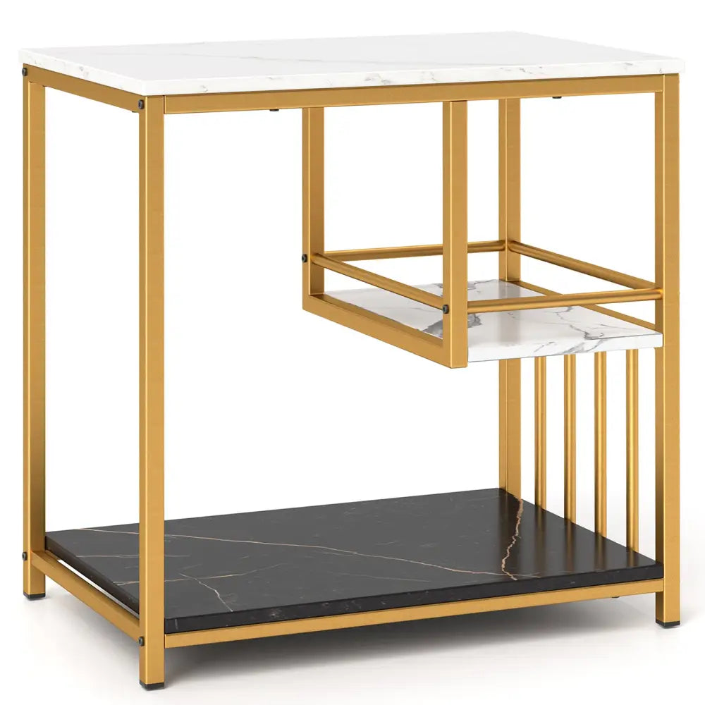 3-Tier Multi-function Marble End Table with Storage Shelf-Golden - Golden - End & Side Tables