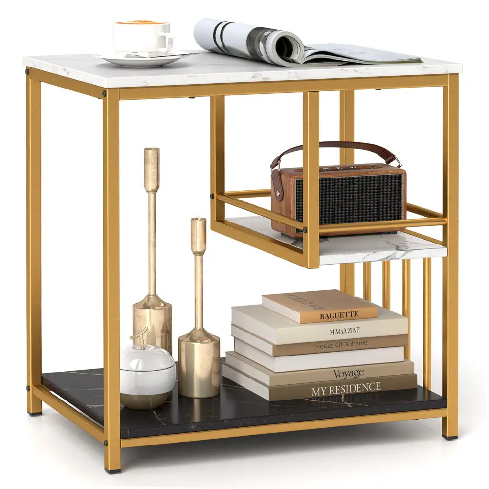 3-Tier Multi-function Marble End Table with Storage Shelf-Golden - Golden - End & Side Tables