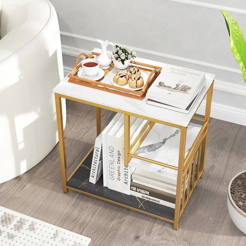 3-Tier Multi-function Marble End Table with Storage Shelf-Golden - Golden - End & Side Tables