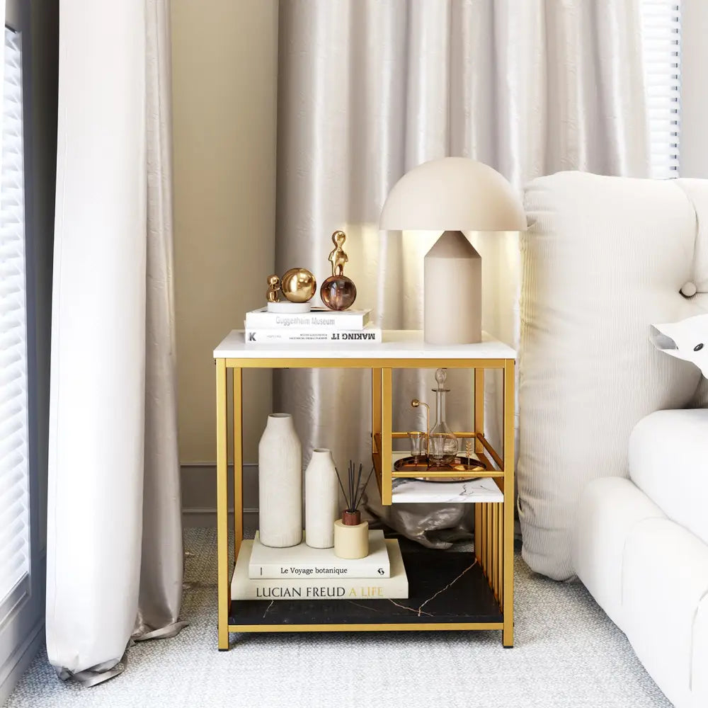 3-Tier Multi-function Marble End Table with Storage Shelf-Golden - Golden - End & Side Tables