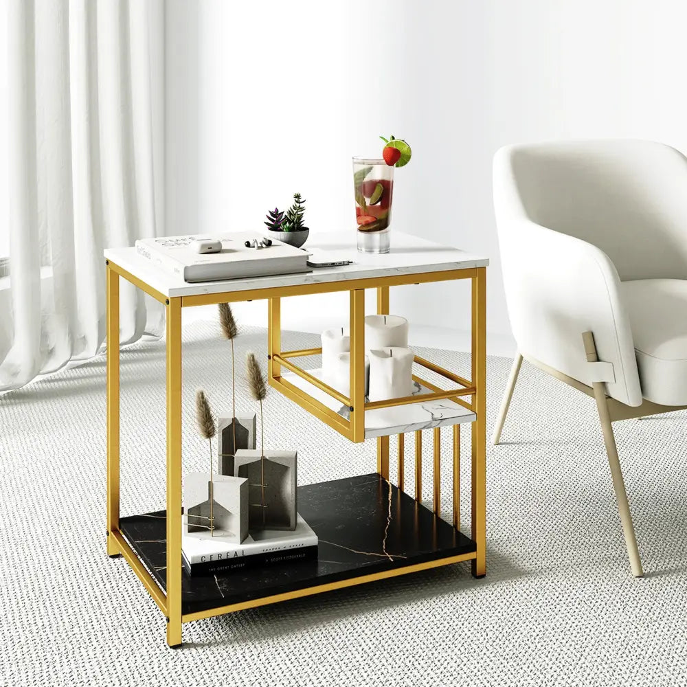 3-Tier Multi-function Marble End Table with Storage Shelf-Golden - Golden - End & Side Tables