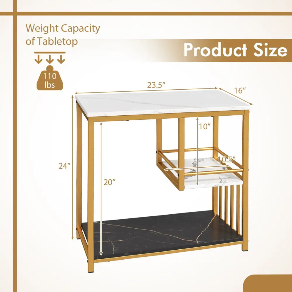 3-Tier Multi-function Marble End Table with Storage Shelf-Golden - Golden - End & Side Tables