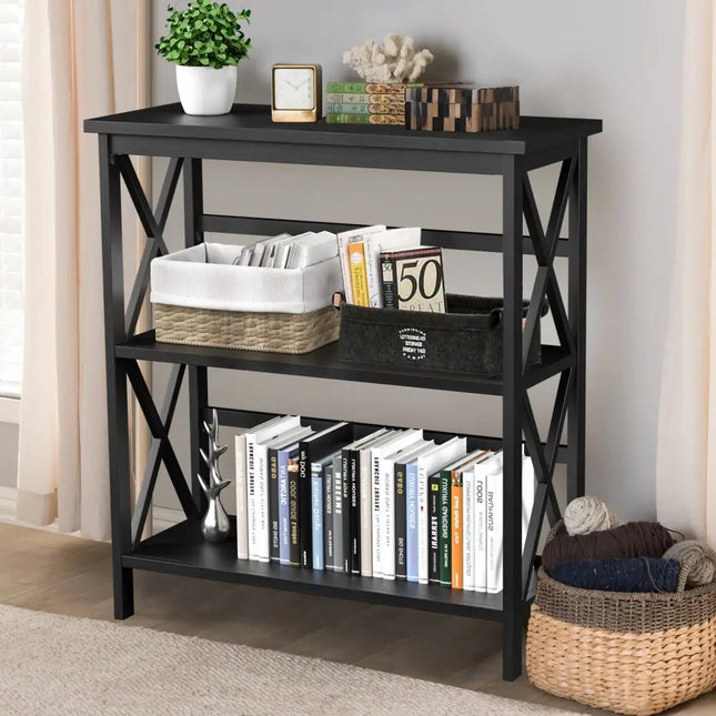 3-Tier Multi-Functional Storage Shelf Units Wooden Open Bookcase and Bookshelf-Black Costway
