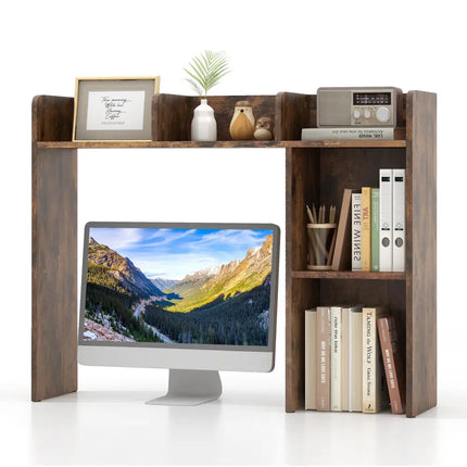 3-Tier Multipurpose Desk Bookshelf with 4 Shelves-Brown Costway