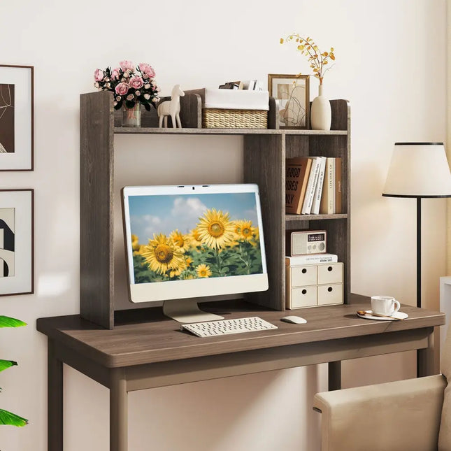 3-Tier Multipurpose Desk Bookshelf with 4 Shelves-Oak Costway