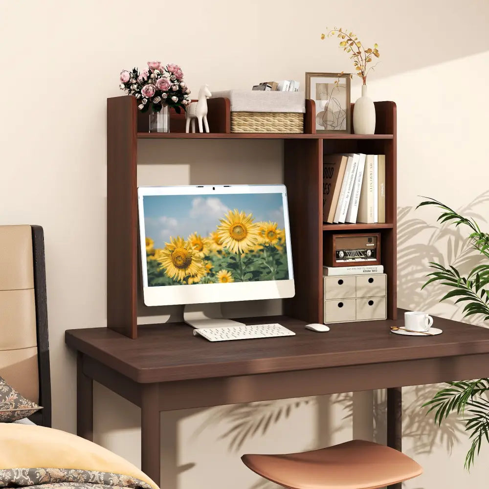 3-Tier Multipurpose Desk Bookshelf with 4 Shelves-Walnut - Walnut - Bookcases