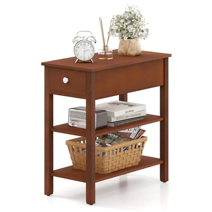 3-Tier Narrow End Table with Drawer and Storage Shelves-Brown Costway