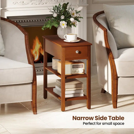 3-Tier Narrow End Table with Drawer and Storage Shelves-Brown Costway