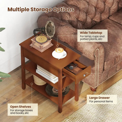 3-Tier Narrow End Table with Drawer and Storage Shelves-Brown Costway