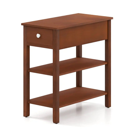 3-Tier Narrow End Table with Drawer and Storage Shelves-Brown Costway