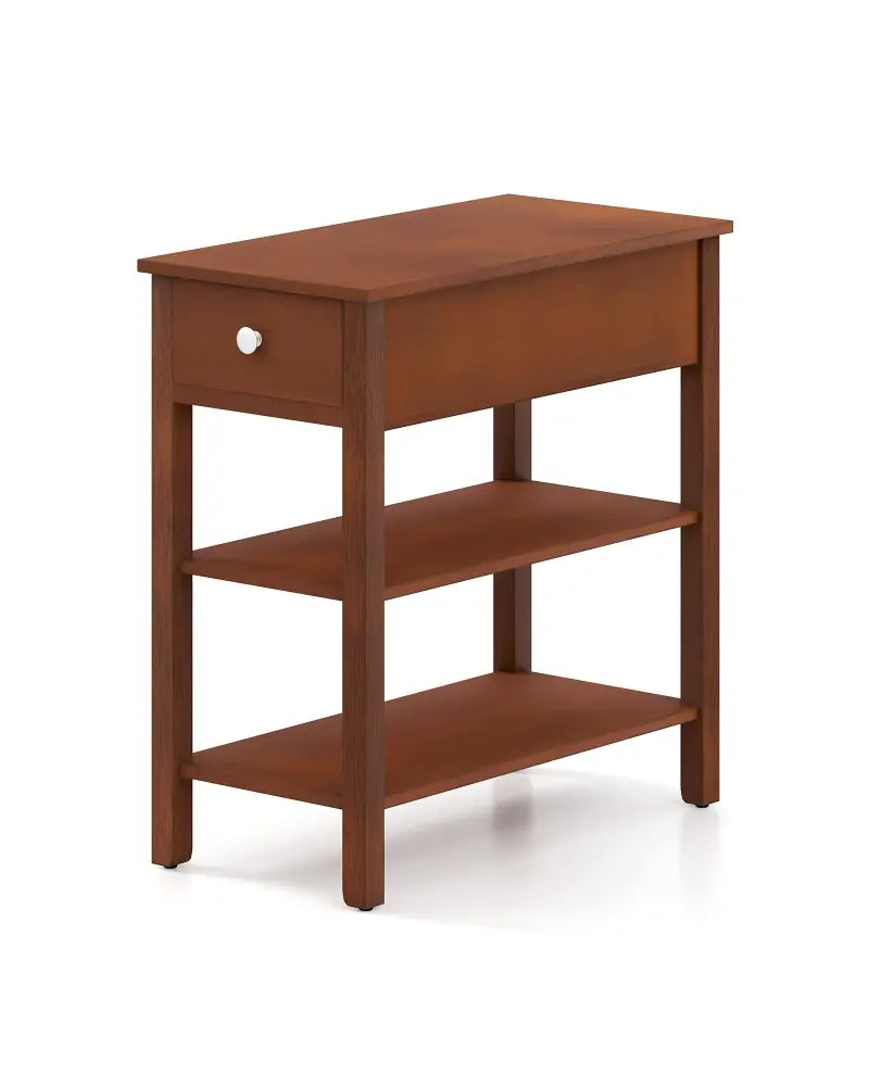 3-Tier Narrow End Table with Drawer and Storage Shelves-Brown - Brown - End & Side Tables