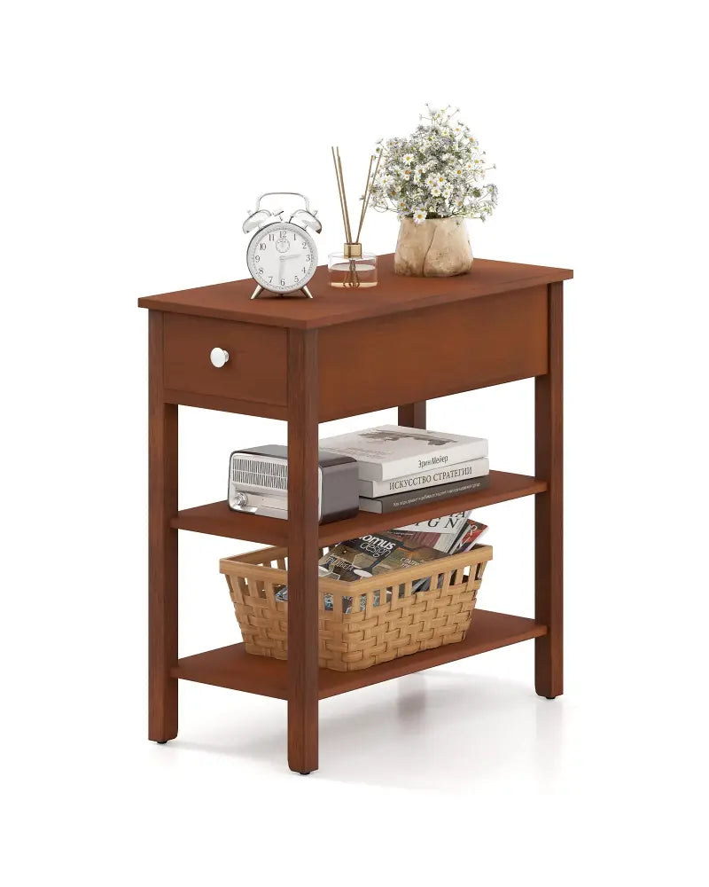 3-Tier Narrow End Table with Drawer and Storage Shelves-Brown - Brown - End & Side Tables