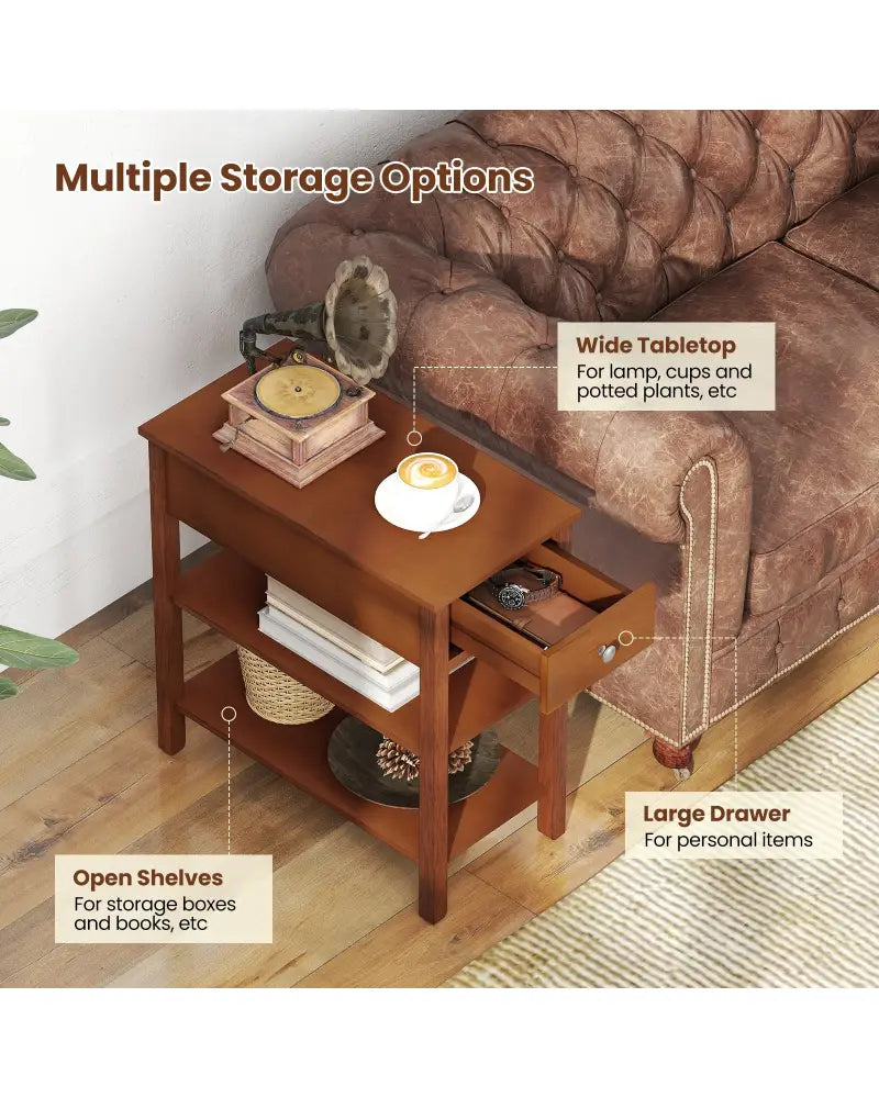3-Tier Narrow End Table with Drawer and Storage Shelves-Brown - Brown - End & Side Tables