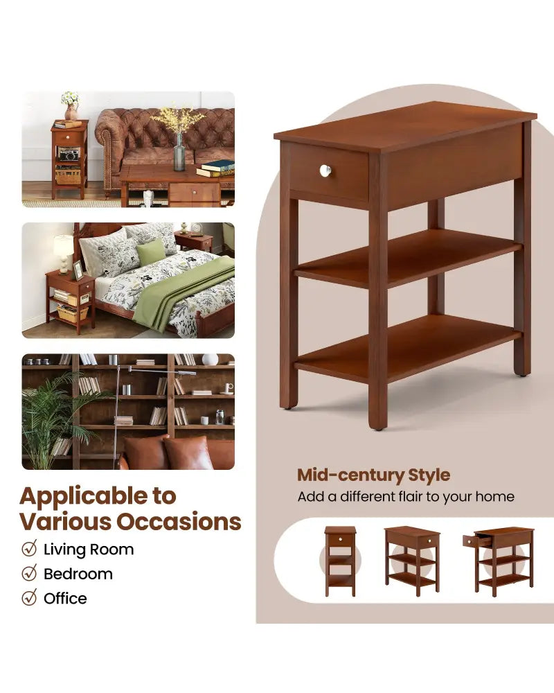 3-Tier Narrow End Table with Drawer and Storage Shelves-Brown - Brown - End & Side Tables