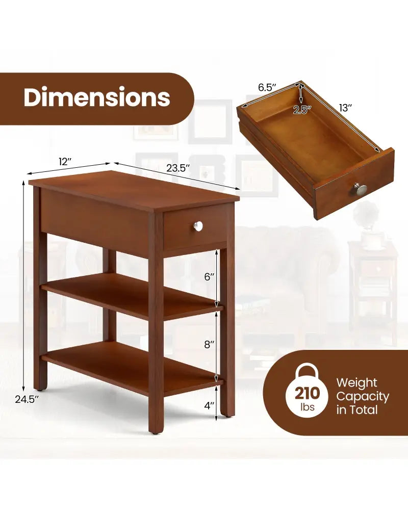 3-Tier Narrow End Table with Drawer and Storage Shelves-Brown - Brown - End & Side Tables