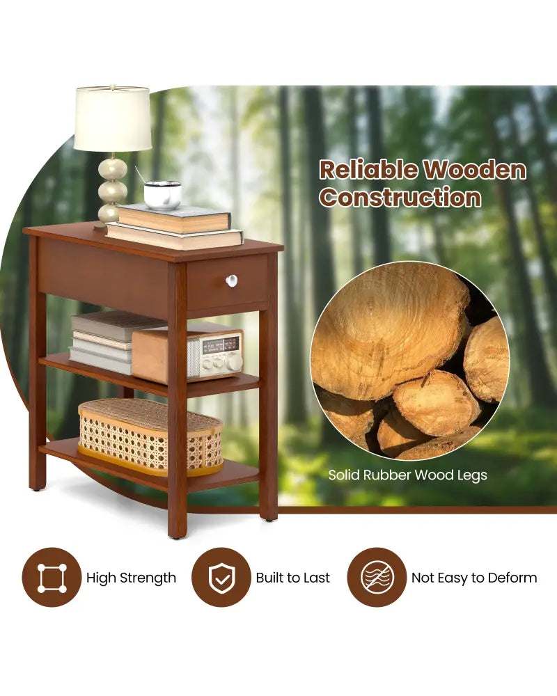 3-Tier Narrow End Table with Drawer and Storage Shelves-Brown - Brown - End & Side Tables
