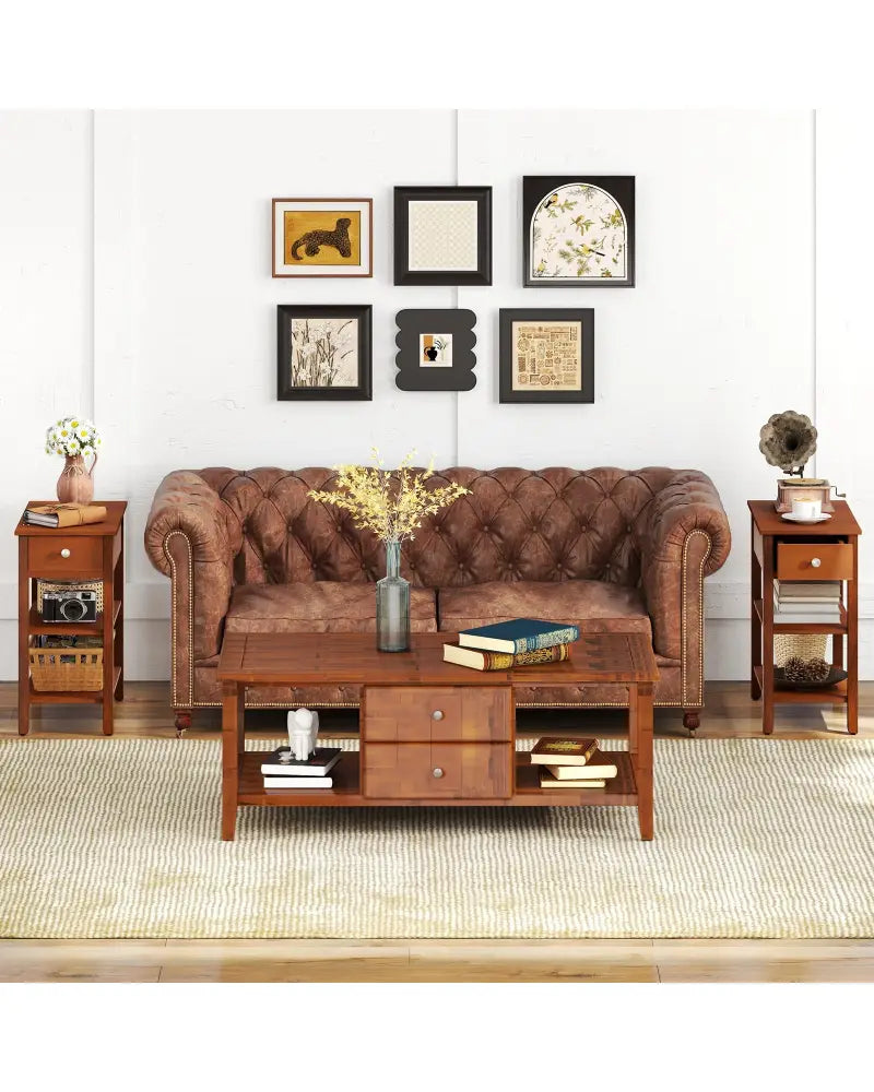3-Tier Narrow End Table with Drawer and Storage Shelves-Brown - Brown - End & Side Tables
