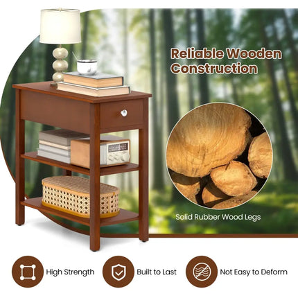 3-Tier Narrow End Table with Drawer and Storage Shelves Set of 2-Brown Costway