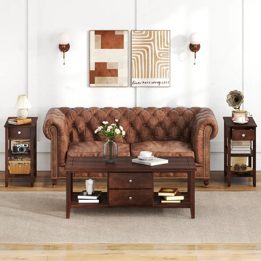 3-Tier Narrow End Table with Drawer and Storage Shelves Set of 2-Walnut - Walnut - End & Side Tables