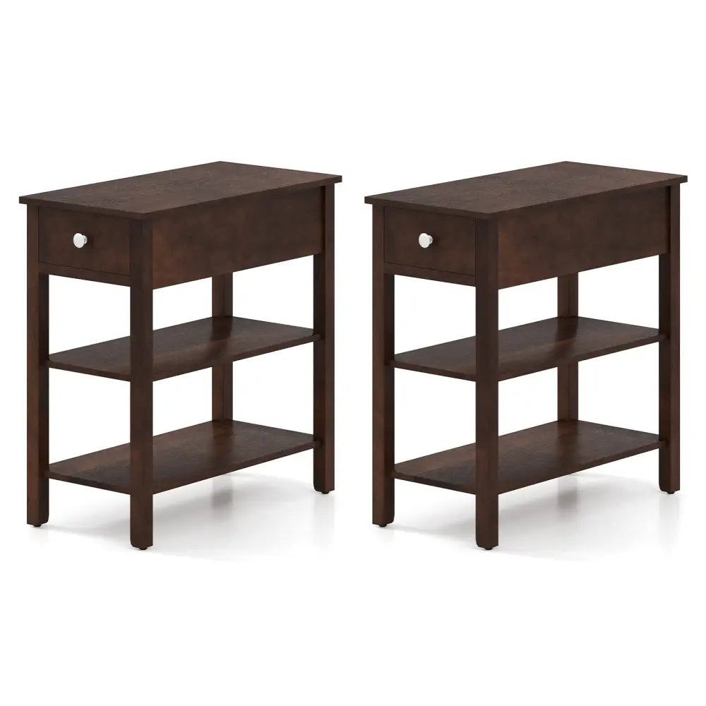 3-Tier Narrow End Table with Drawer and Storage Shelves Set of 2-Walnut - Walnut - End & Side Tables