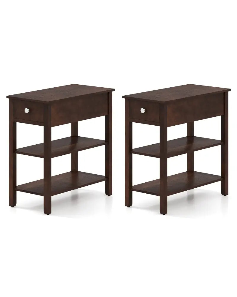 3-Tier Narrow End Table with Drawer and Storage Shelves Set of 2-Walnut - Walnut - End & Side Tables