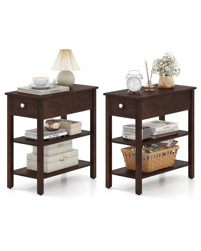 3-Tier Narrow End Table with Drawer and Storage Shelves Set of 2-Walnut - Walnut - End & Side Tables