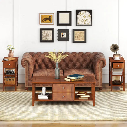 3-Tier Narrow End Table with Drawer and Storage Shelves Set of 2-Brown Costway
