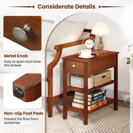3-Tier Narrow End Table with Drawer and Storage Shelves Set of 2-Brown Costway