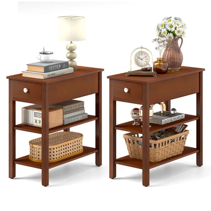 3-Tier Narrow End Table with Drawer and Storage Shelves Set of 2-Brown Costway