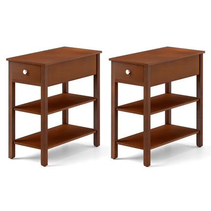 3-Tier Narrow End Table with Drawer and Storage Shelves Set of 2-Brown Costway