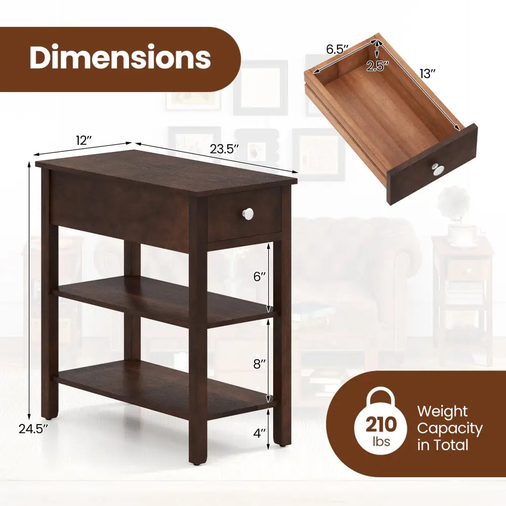 3-Tier Narrow End Table with Drawer and Storage Shelves Set of 2-Walnut - Walnut - End & Side Tables