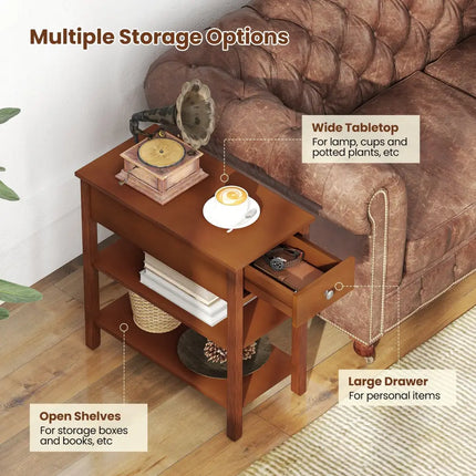 3-Tier Narrow End Table with Drawer and Storage Shelves Set of 2-Brown Costway