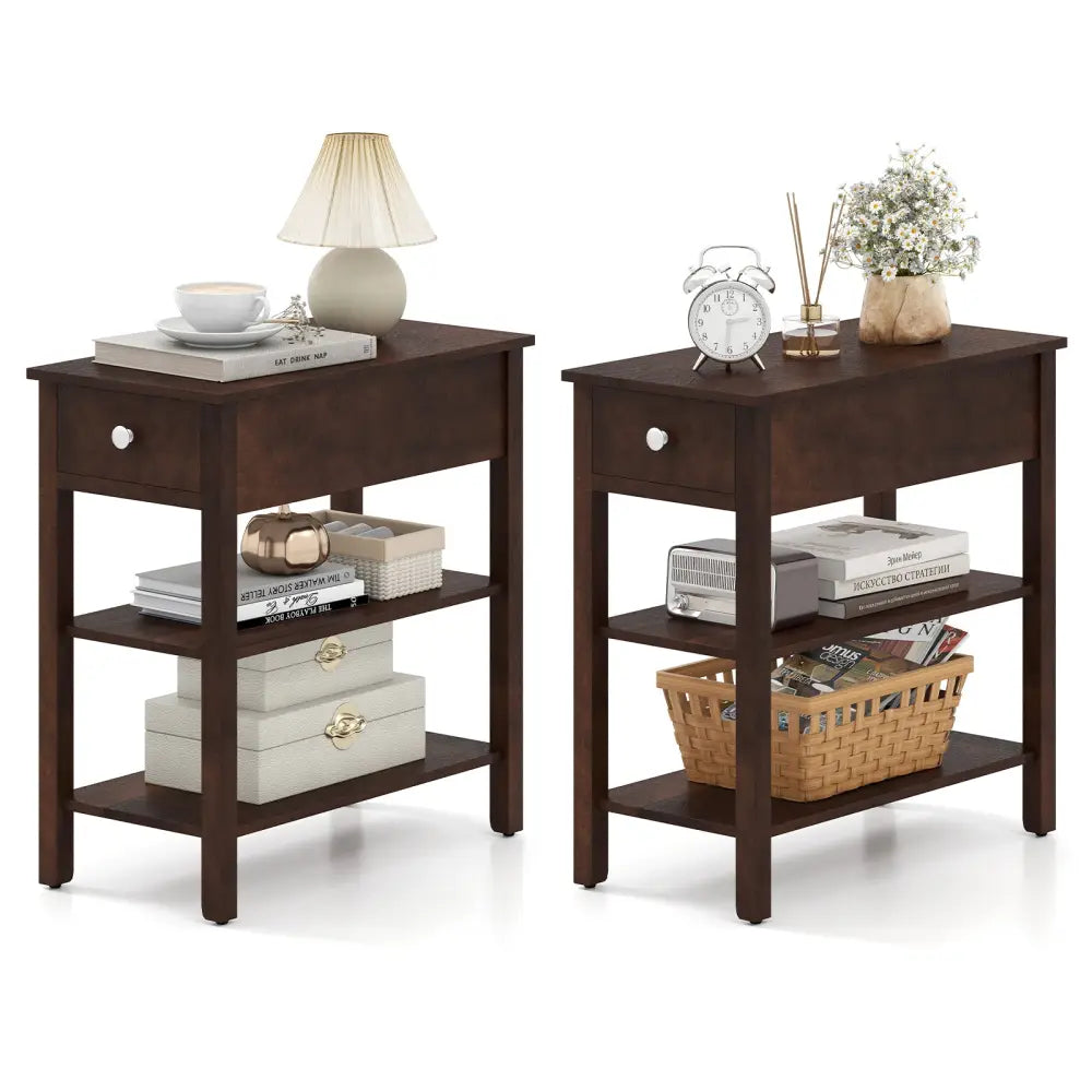 3-Tier Narrow End Table with Drawer and Storage Shelves Set of 2-Walnut - Walnut - End & Side Tables