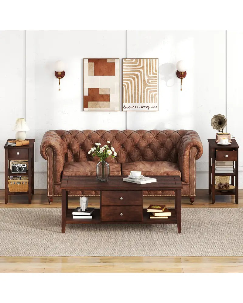 3-Tier Narrow End Table with Drawer and Storage Shelves Set of 2-Walnut - Walnut - End & Side Tables